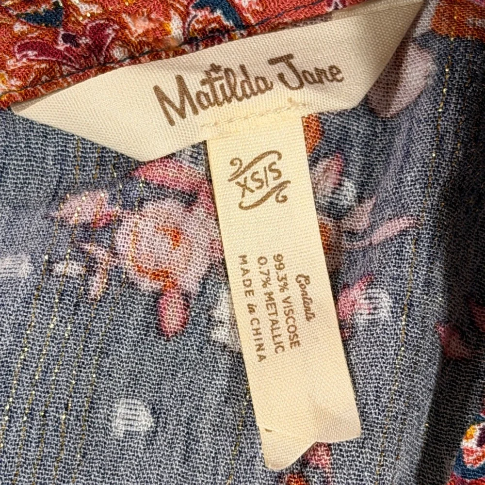 Matilda Jane Kimono Women XS/S Blue Floral Metallic Bell Sleeve Cardigan Wrap